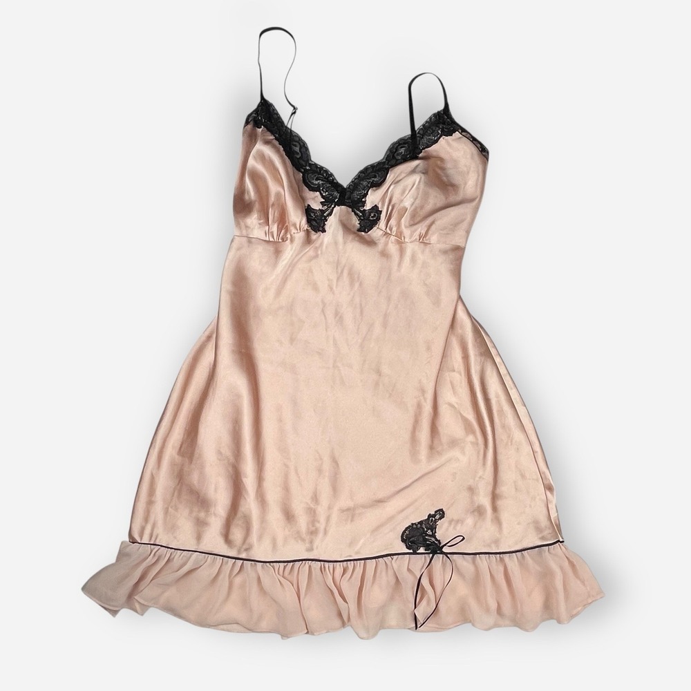 Vintage Delicates Satin Negligee Slip Dress Large Beige Black Lace‎ Ruffle